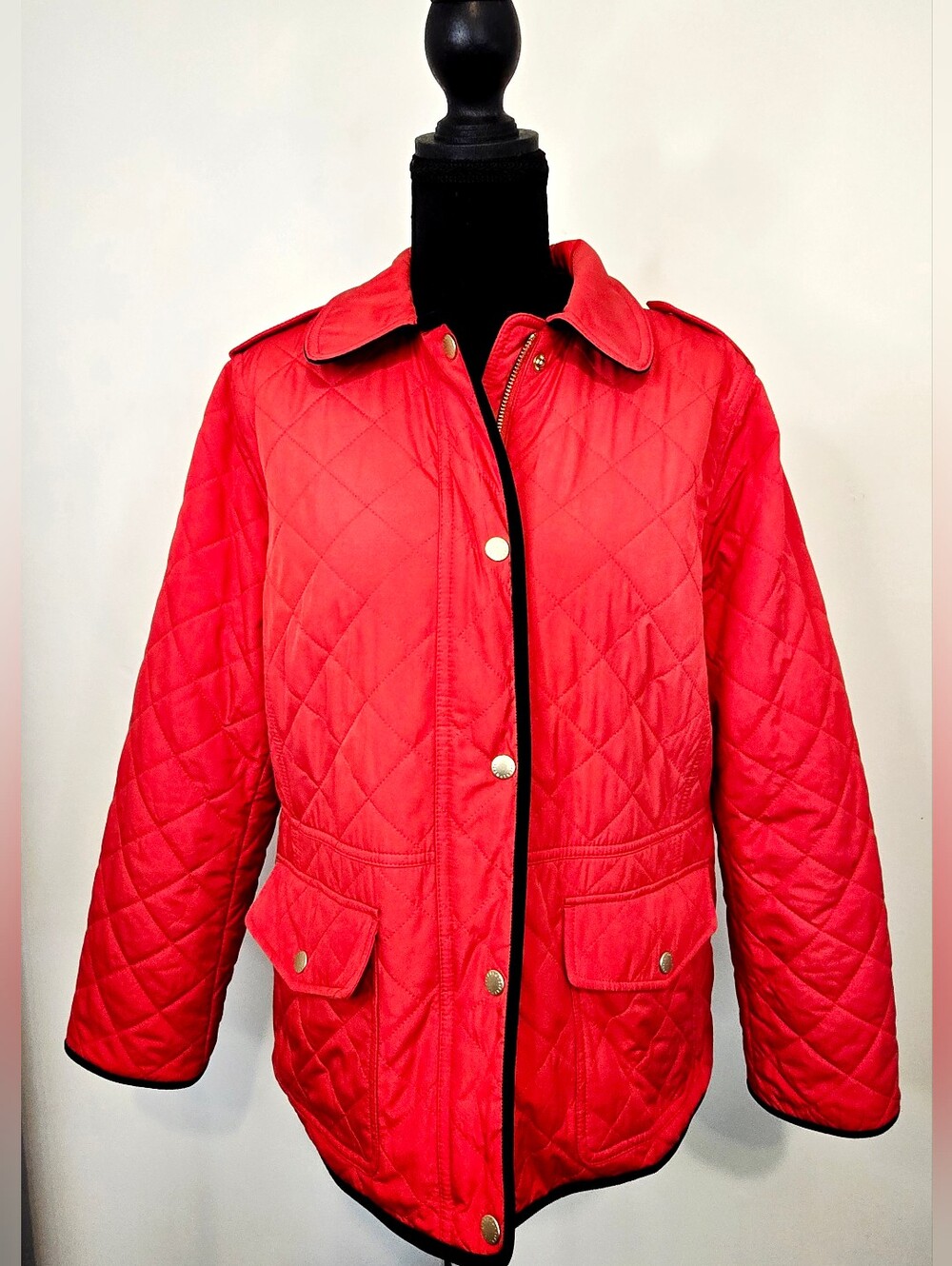 Talbots Red Quilted Jacket Navy Trim Gold Snap Preppy Coastal Coat Old Money - Picture 2 of 12